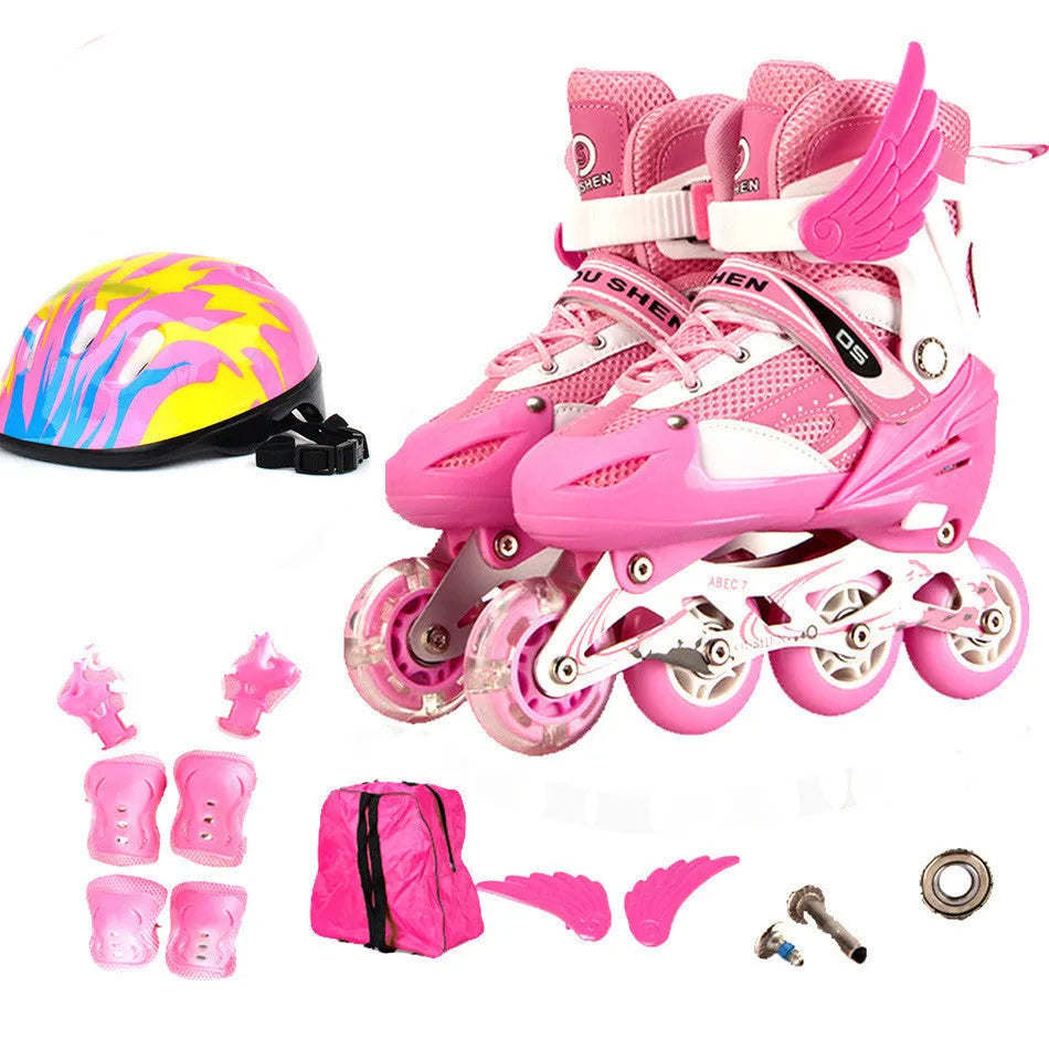 Children's adjustable PU skates in yellow, red, blue, black, or pink with aluminium frame, foam wheels, and protective gear