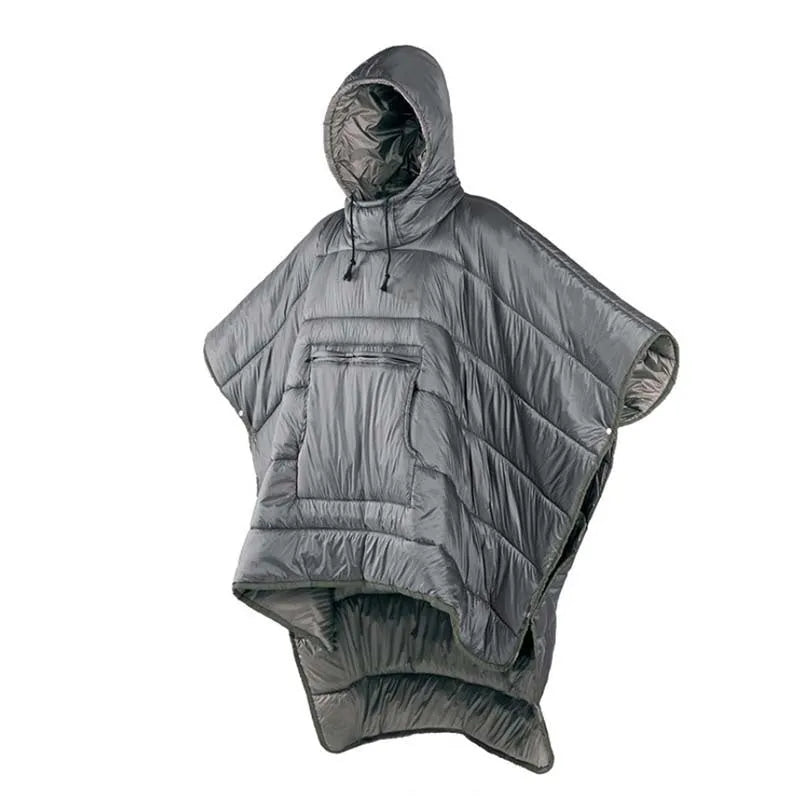 Grey adult-sized outdoor cloak sleeping bag worn as a cape, showing its 200x140cm dimensions.