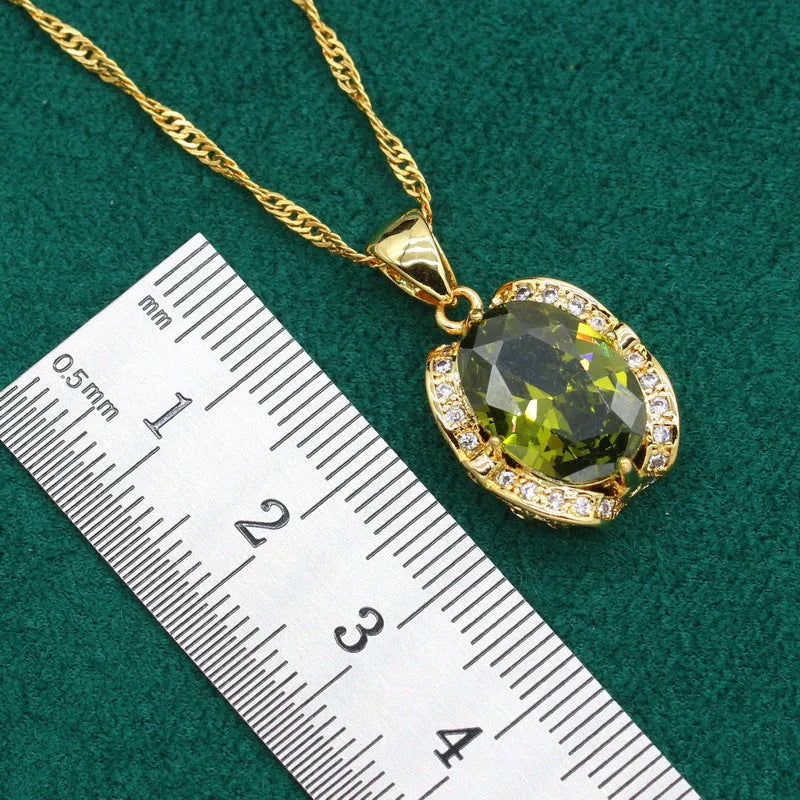 Full rhinestone zircon women's jewellery suit set with necklace, earrings, and ring in olive green or red.