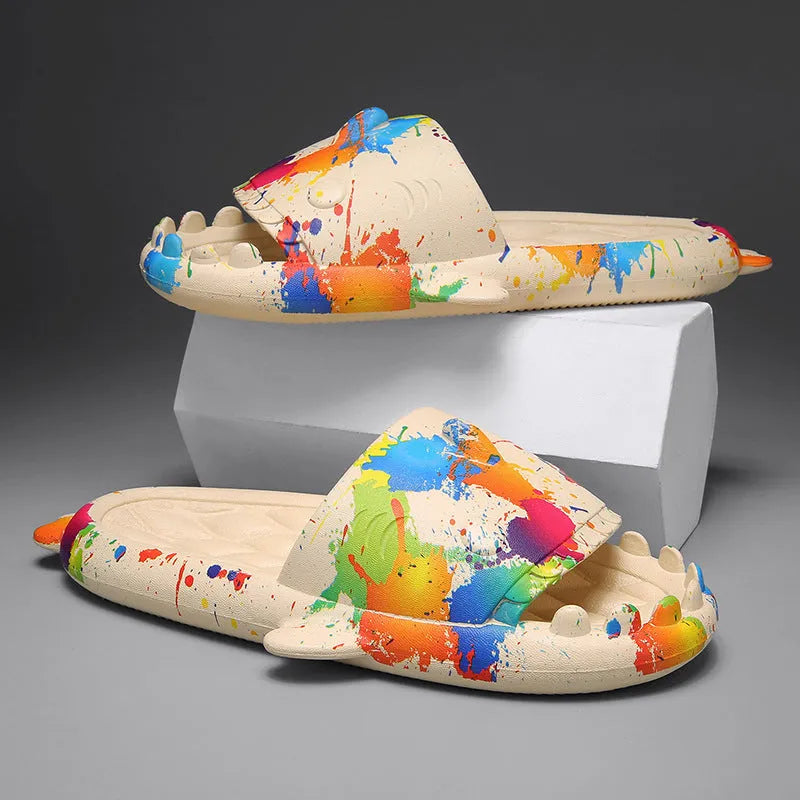 Shark-themed couple slippers with open toe design and EVA upper in multiple colour options