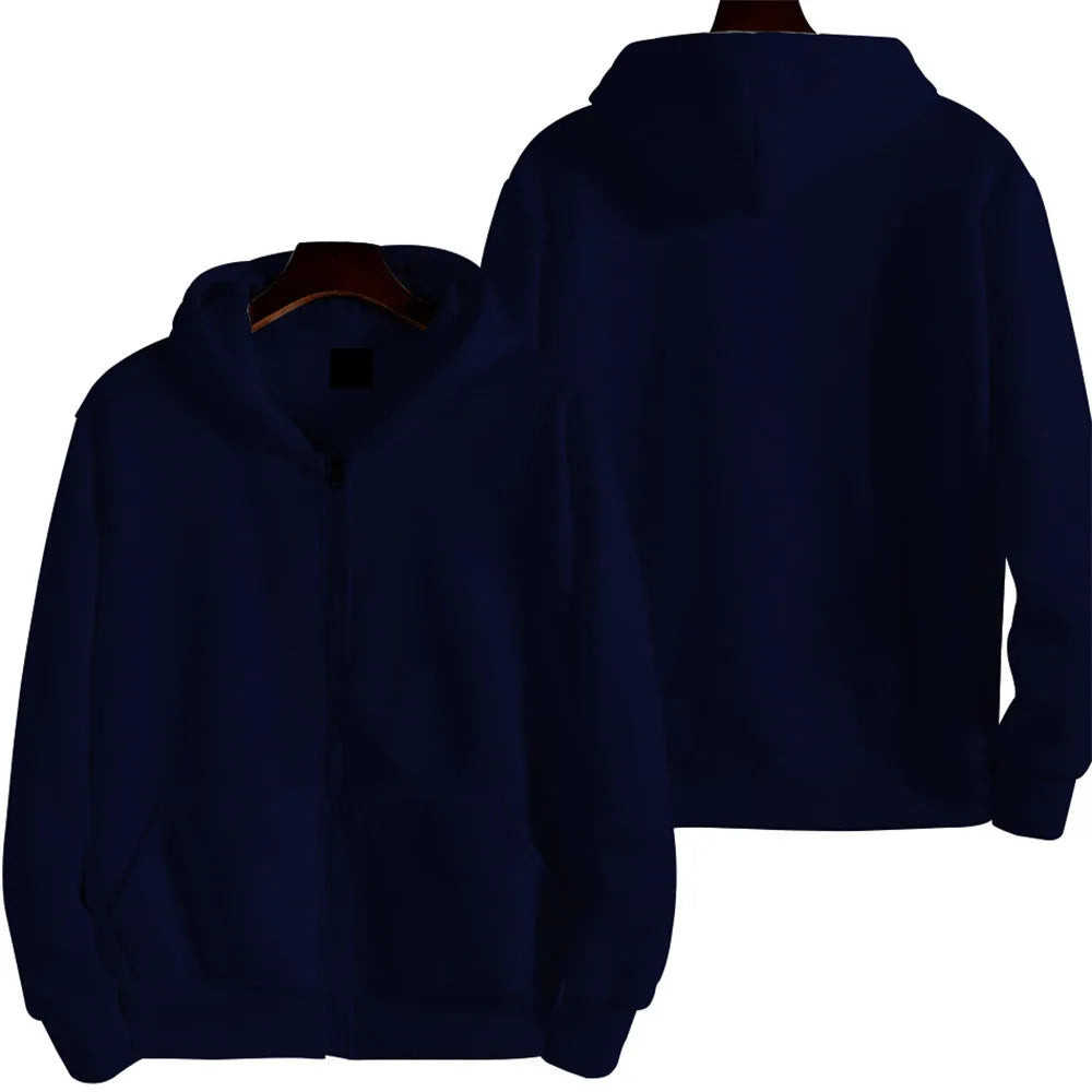 Man wearing a solid colour loose fit full-zip sports jacket.