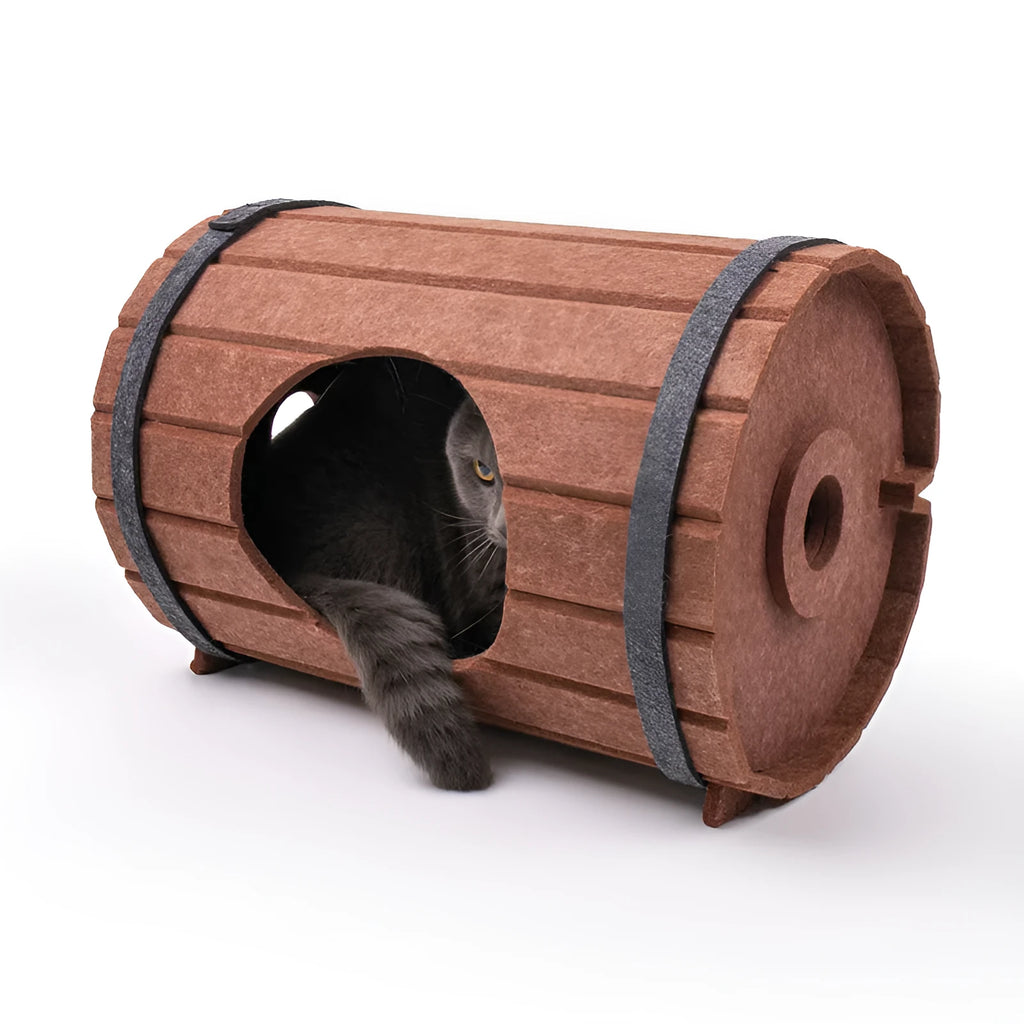 DIY wine barrel shaped cat bed made from three brown felt panels with binding straps