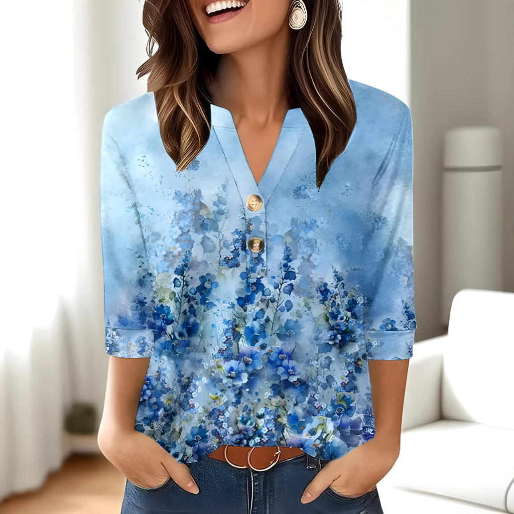 Women's casual V-neck t-shirt with 3D printed pattern showing loose-fit Asian sizing