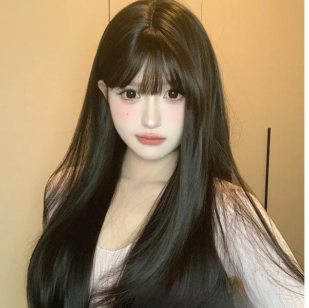 Dark brown women's wig with long straight hair and bangs for round face shapes