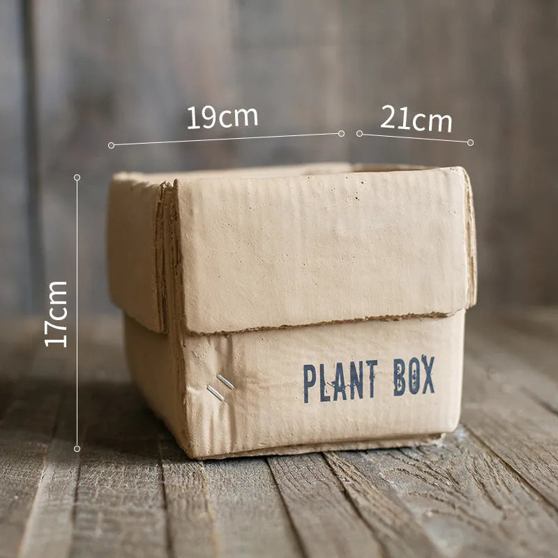 Cement brown paper box design flowerpot with drainage holes for indoor planting
