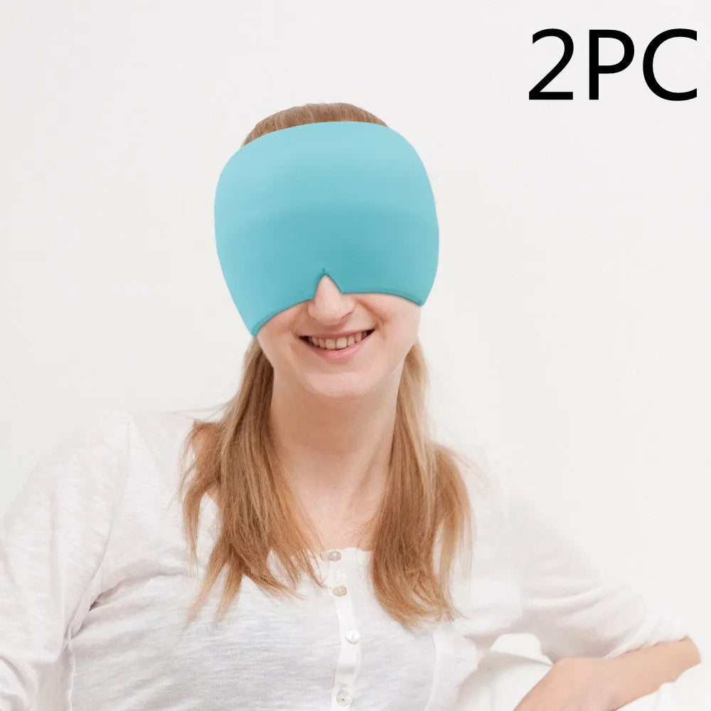Black reusable gel ice mask for eyes and forehead on a white background
