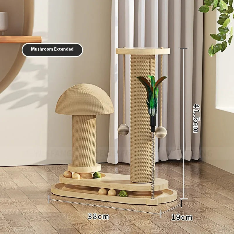 Solid wood cat turntable scratching post with climbing frame in natural timber construction