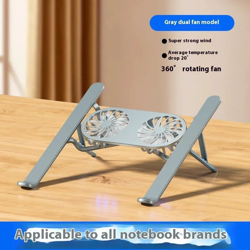 Silver aluminium laptop cooling stand with twin fans in folded and unfolded positions