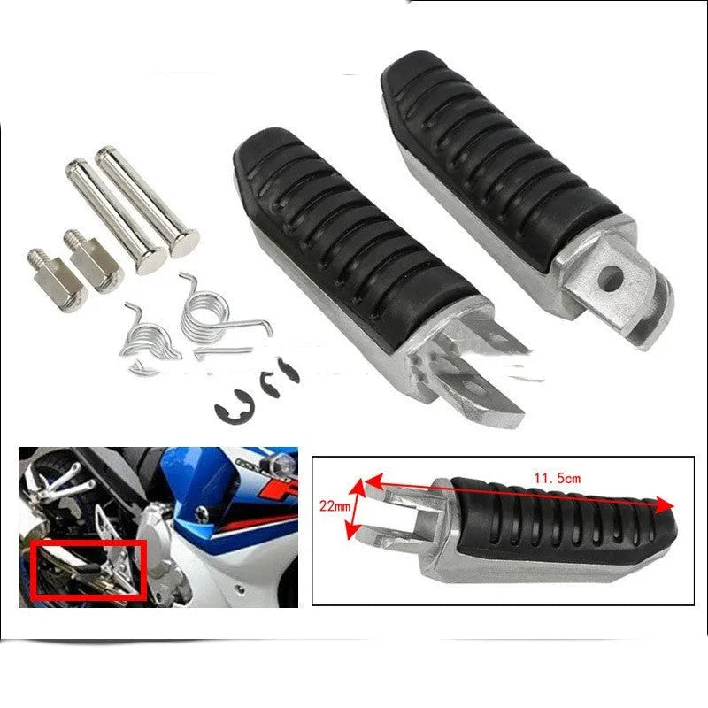 Black aluminium alloy motorcycle foot pedals for Suzuki Hayabusa and V-Strom models.