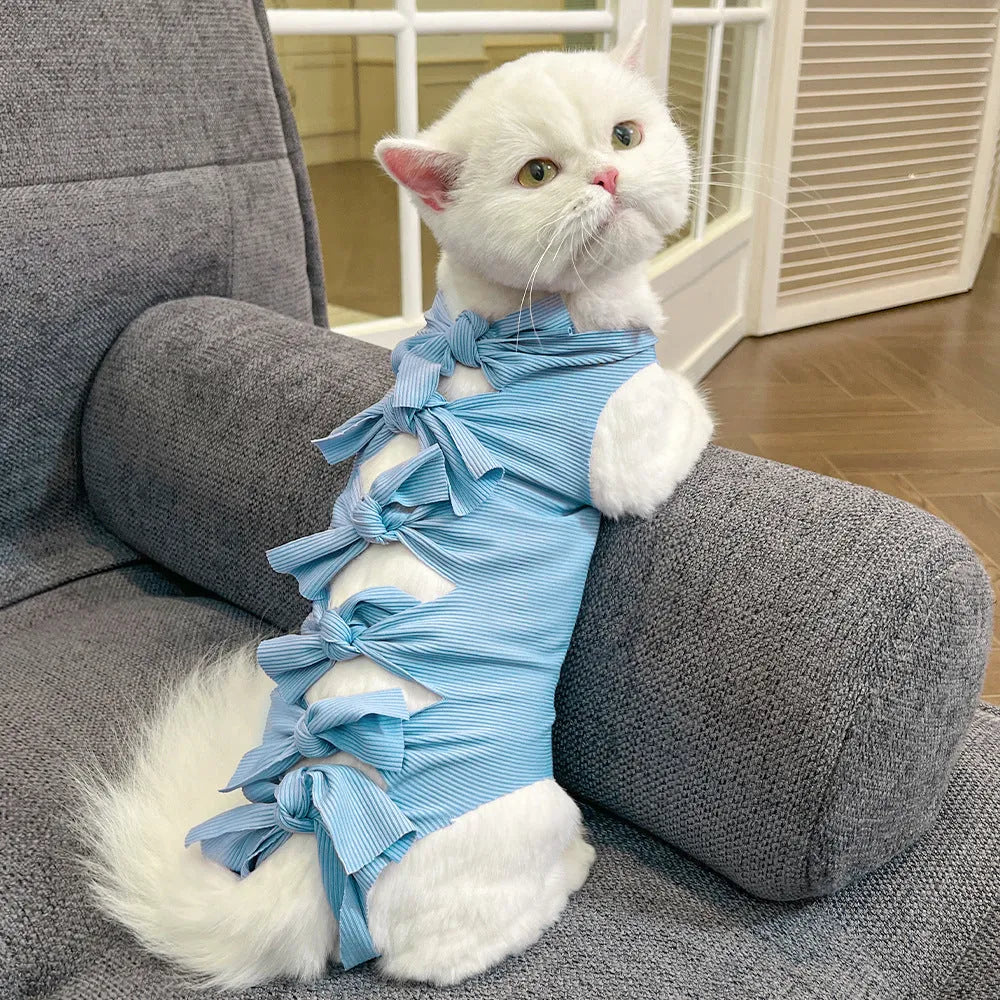 Polyester lace-up cat recovery suit in multiple colours for post-sterilisation surgery protection