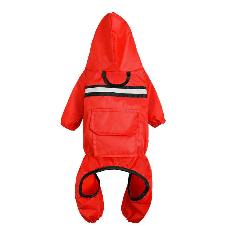 Pet reflective raincoat in orange on a dog showing back length and reflective strip for visibility