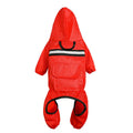 Pet reflective raincoat in orange on a dog showing back length and reflective strip for visibility