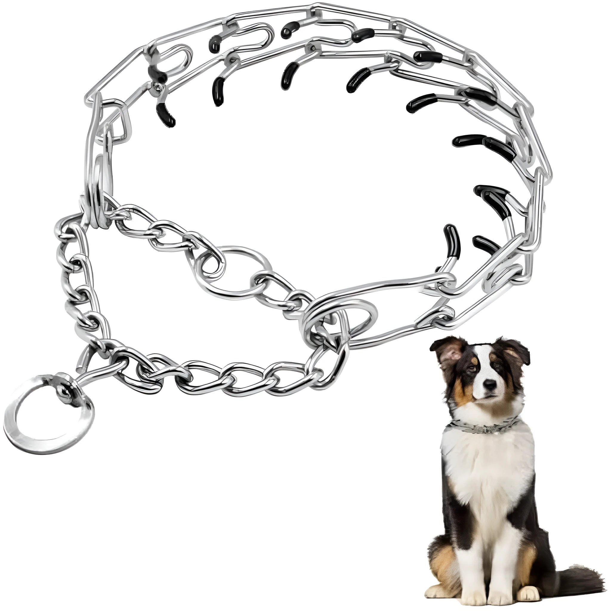 Stainless steel dog prong training collar with black rubber comfort tips, shown with adjustable chain links.