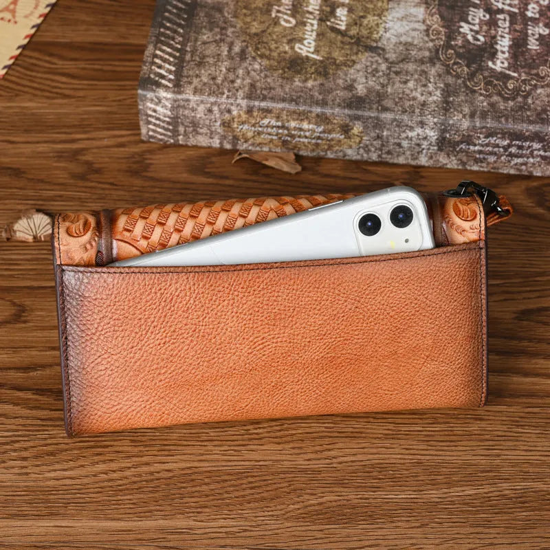 Chinese-style embossed floral pattern tri-fold women's wallet in genuine leather