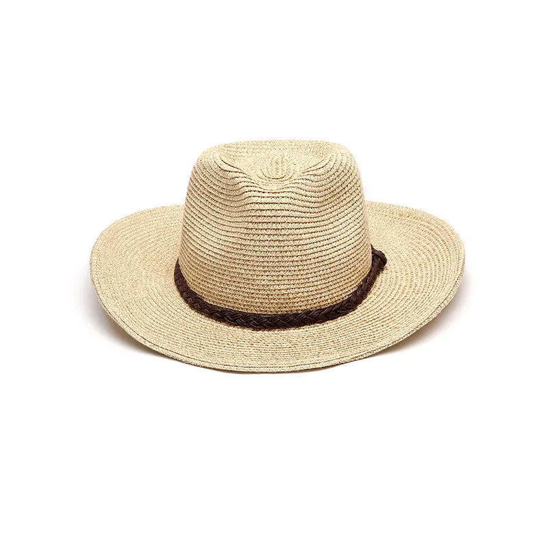 Men's foldable wide brim straw hat in mixed beige colour shown from side angle