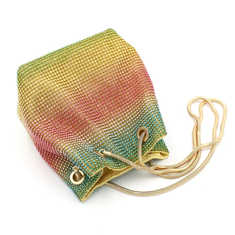 Rainbow rhinestone bucket bag with all-over diamond decoration and soft fabric texture