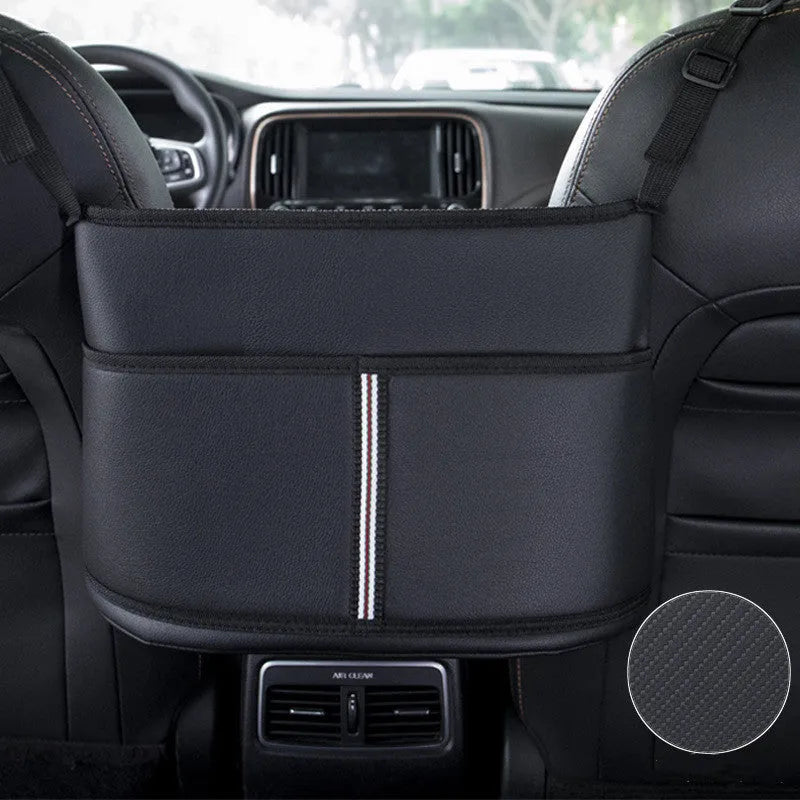 Black leather car seat storage net pocket with sports carbon fibre pattern.