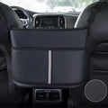 Black leather car seat storage net pocket with sports carbon fibre pattern.