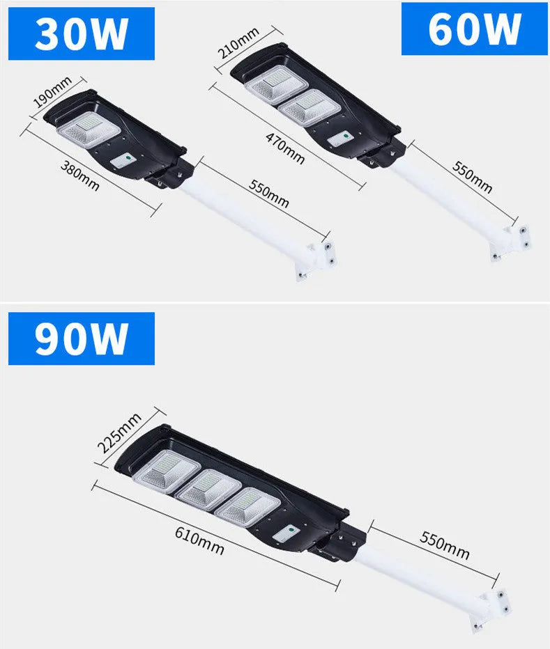 Integrated solar-powered street light with LED panel and remote control for outdoor use.