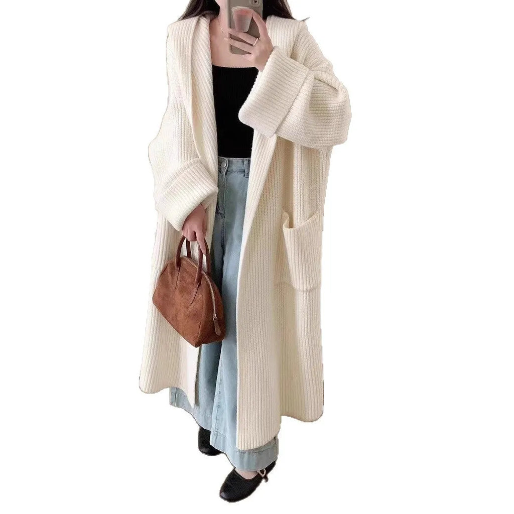 Loose-fit women's hooded cardigan coat in acrylic, shown in milky white colour