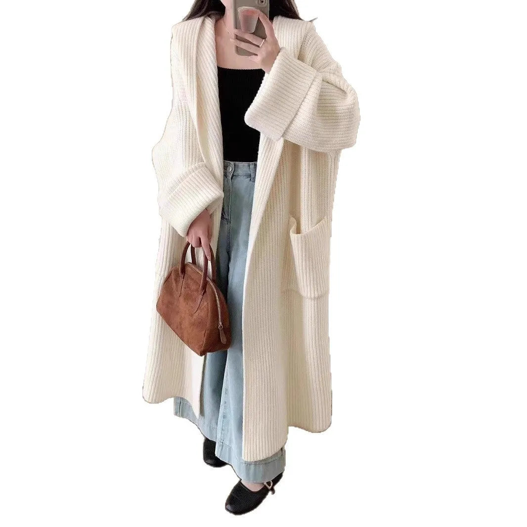 Loose-fit women's hooded cardigan coat in acrylic, shown in milky white colour