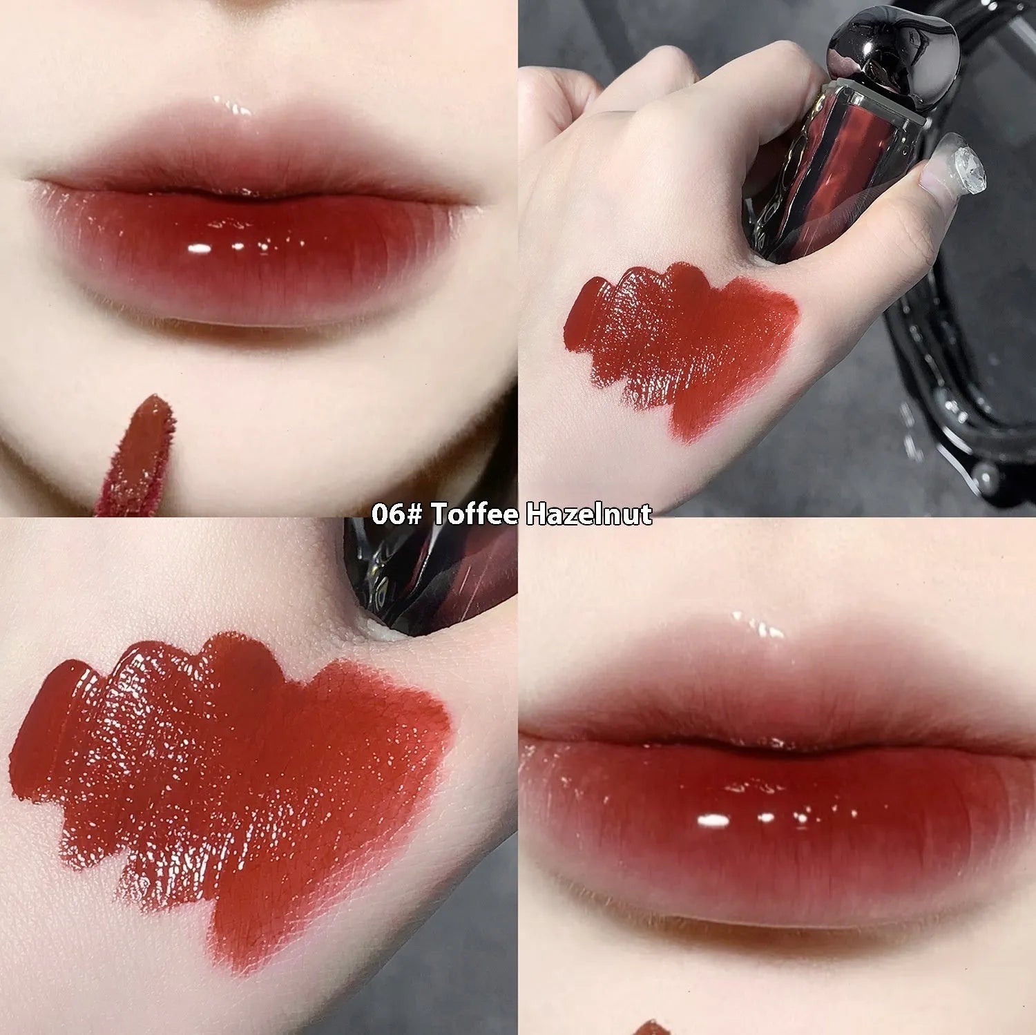 Glacier Lava Lip Lacquer lip gloss tube showcasing a high-shine, mirror finish, with visual of seven colour shade options.