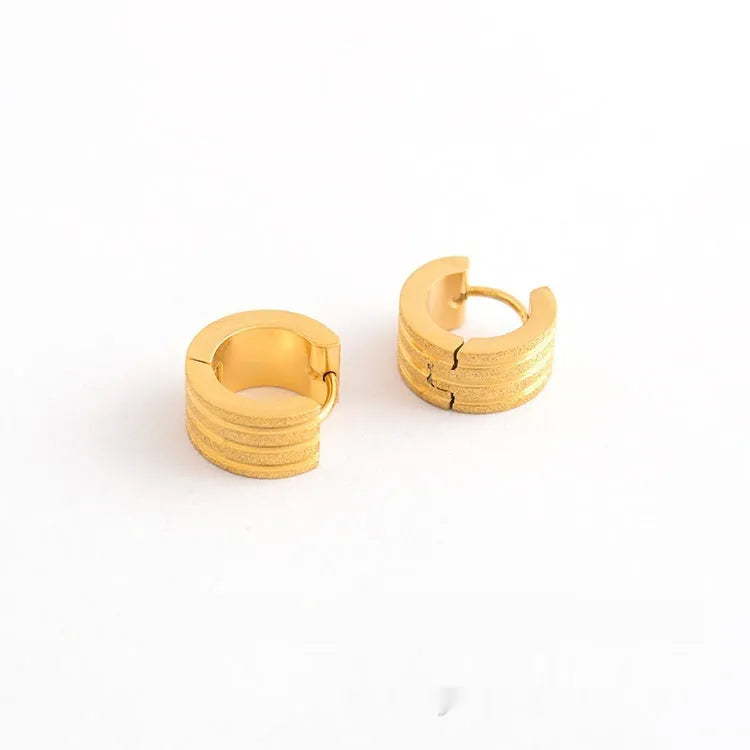 Korean style titanium steel earrings with three-line frosted geometry design in black, gold, or steel colour