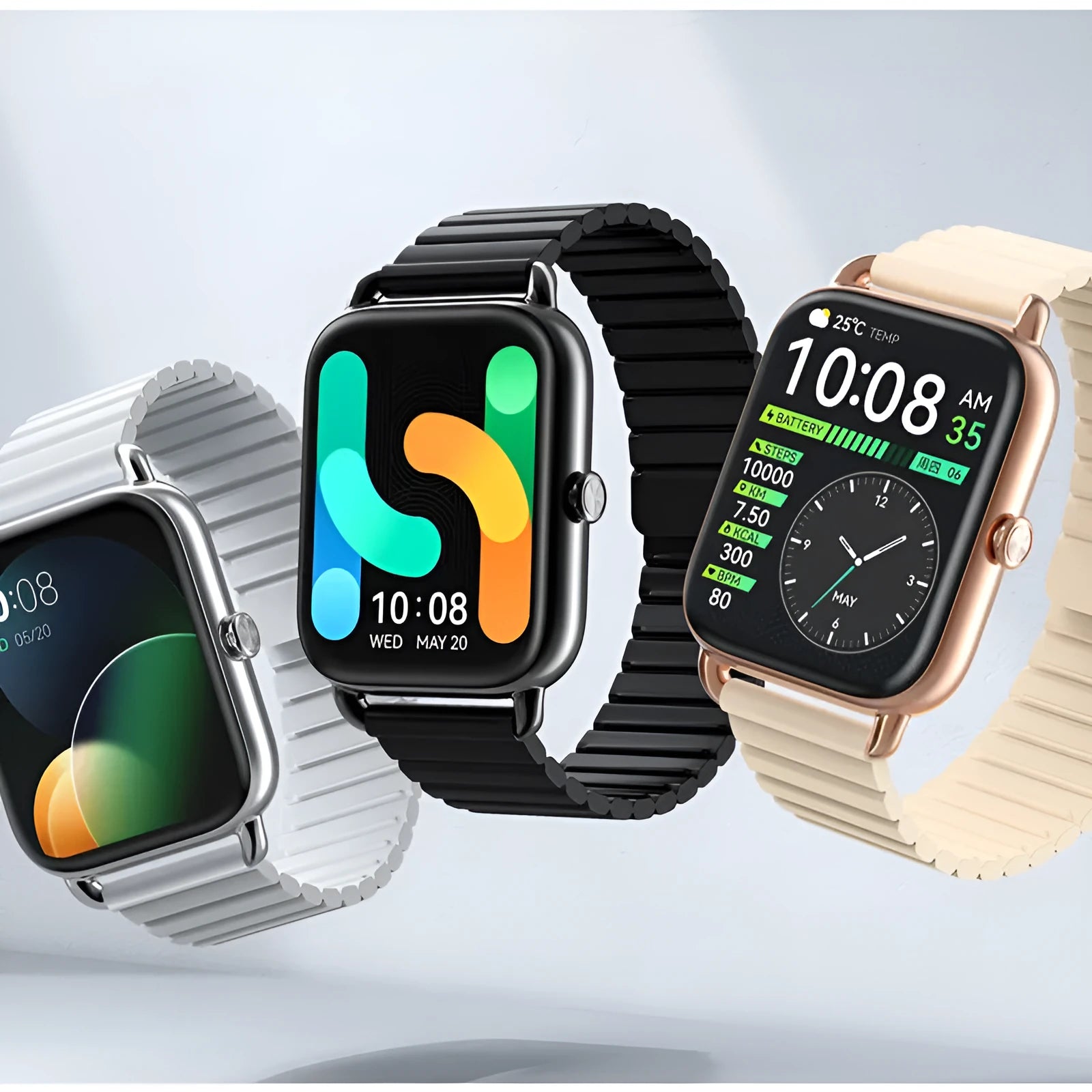 HAYLOU RS4 Plus smartwatch in Black, Champagne, or Silver on wrist showing AMOLED display.