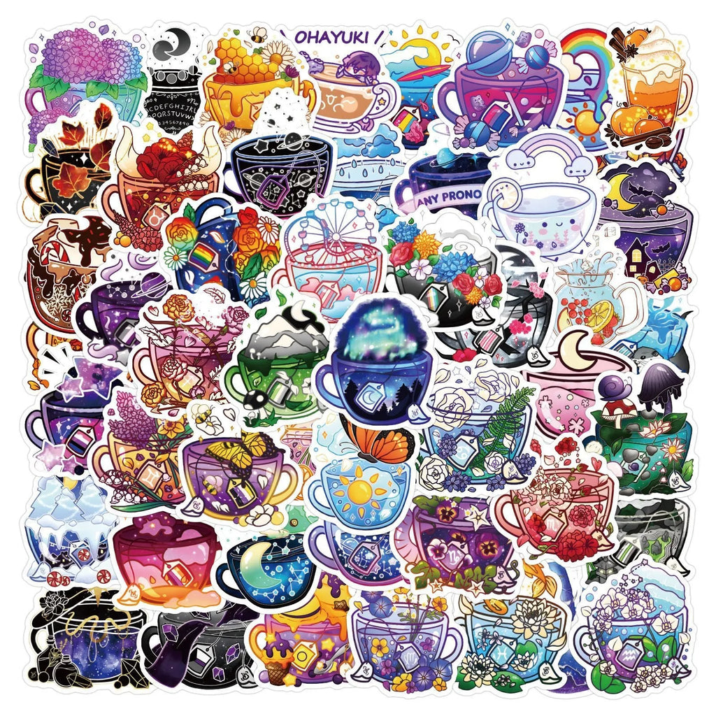 Pack of 50 colourful tea cup graffiti waterproof stickers in a Nordic style for luggage and scooter customisation.