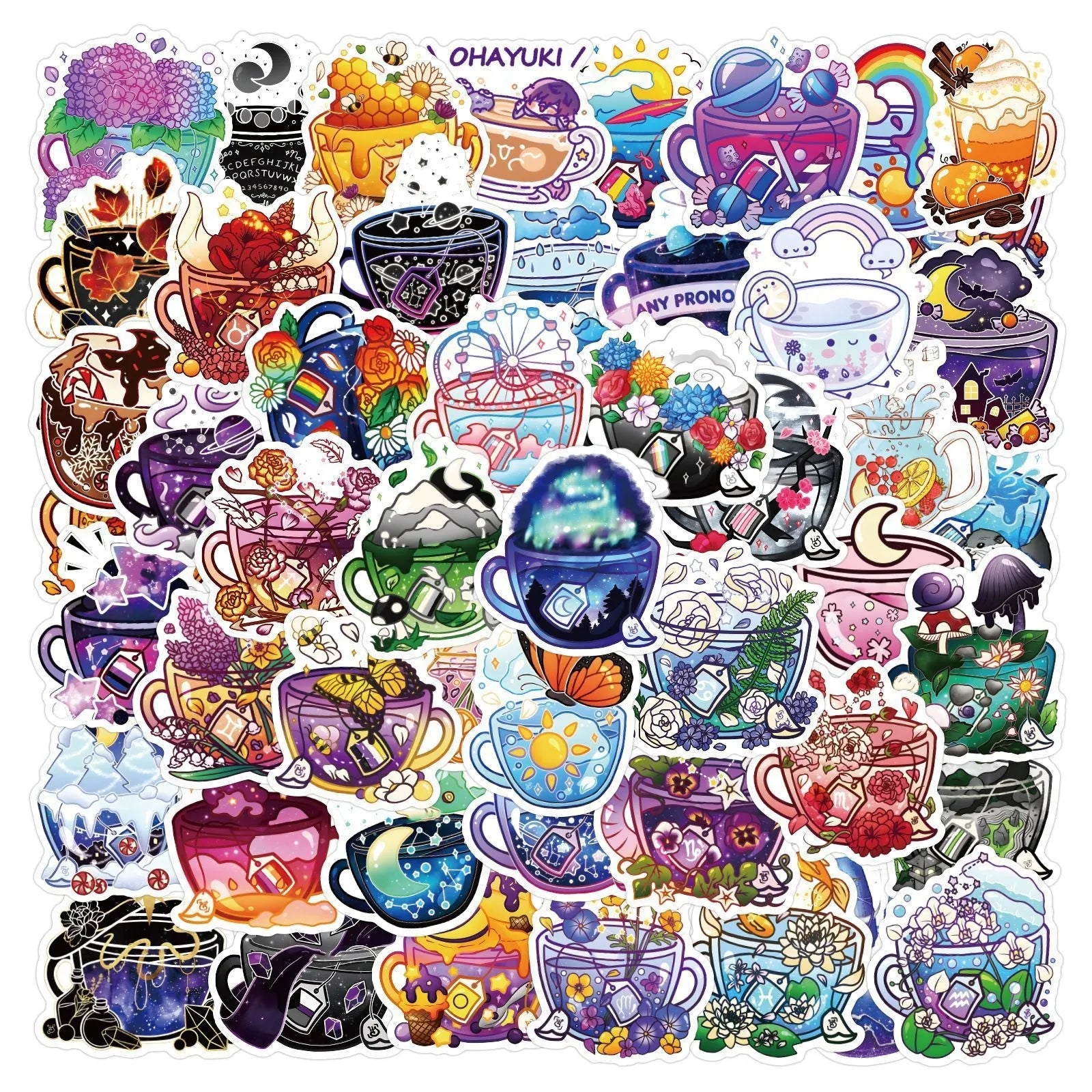 Pack of 50 colourful tea cup graffiti waterproof stickers in a Nordic style for luggage and scooter customisation.