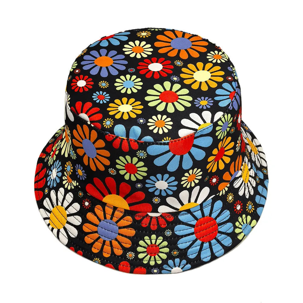 Colourful floral print polyester bucket sun hat with dome crown in M size