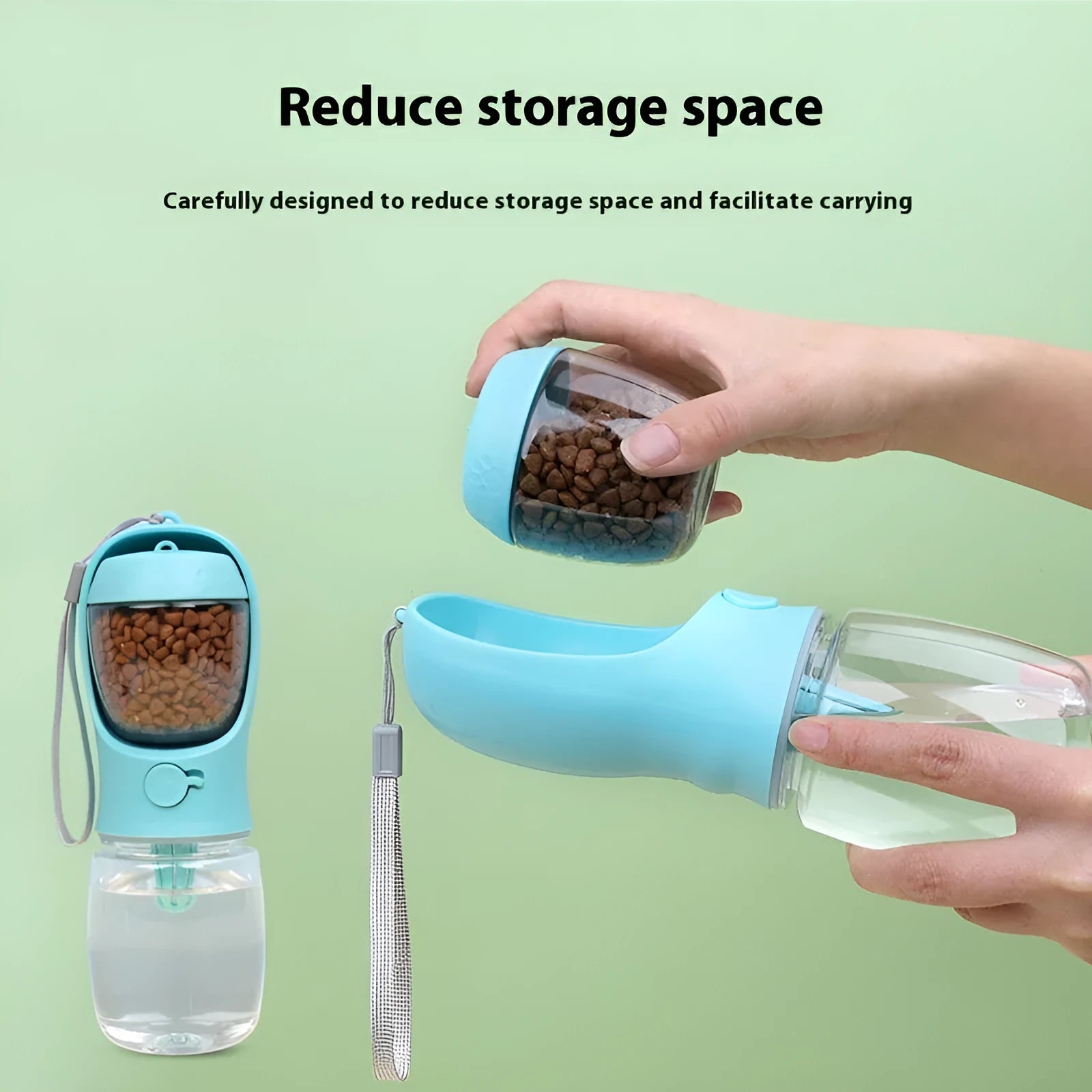 Blue portable plastic dog water bottle with flip-out drinking bowl for walks and travel.