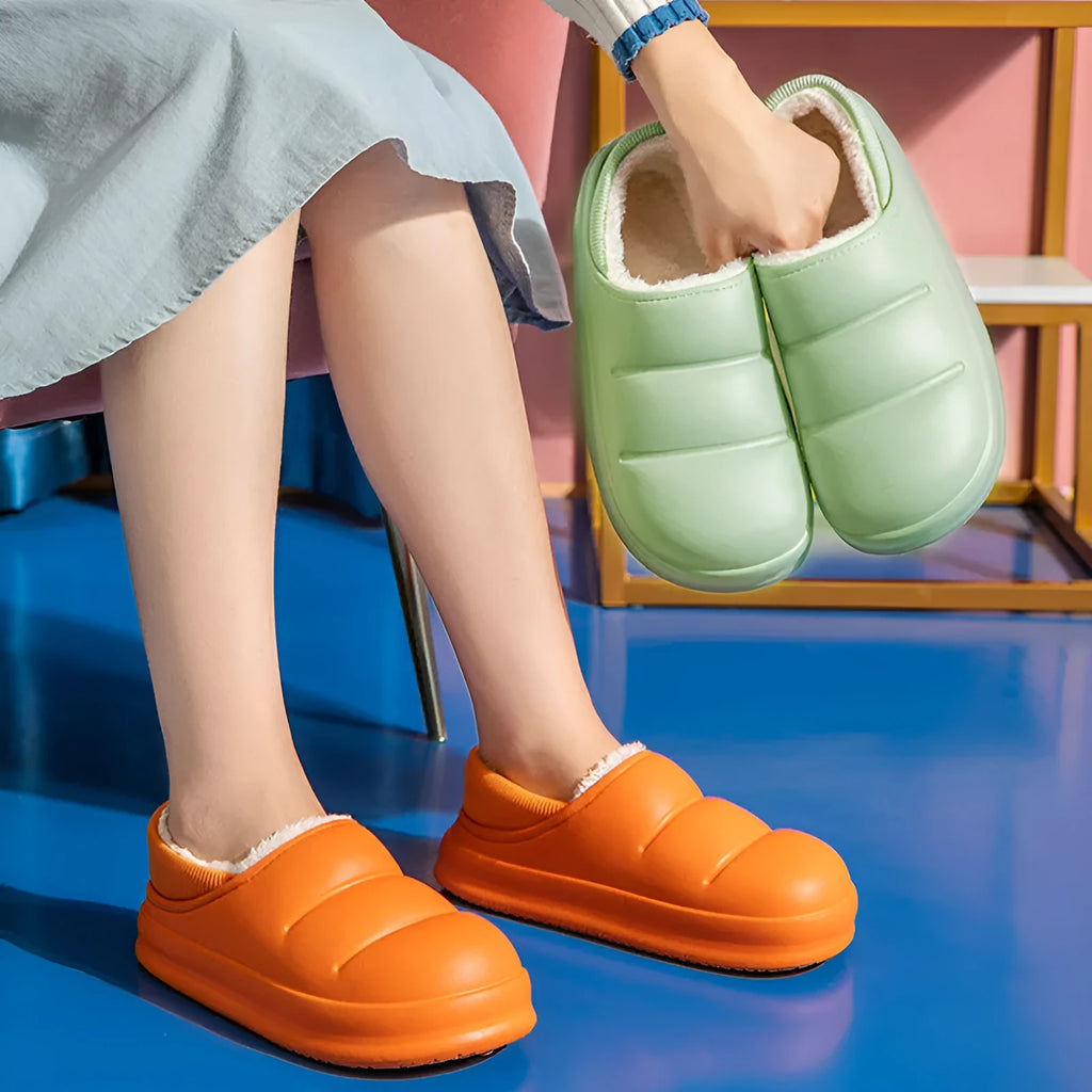 Couple cotton slippers with waterproof EVA sole and plush lining in six colours