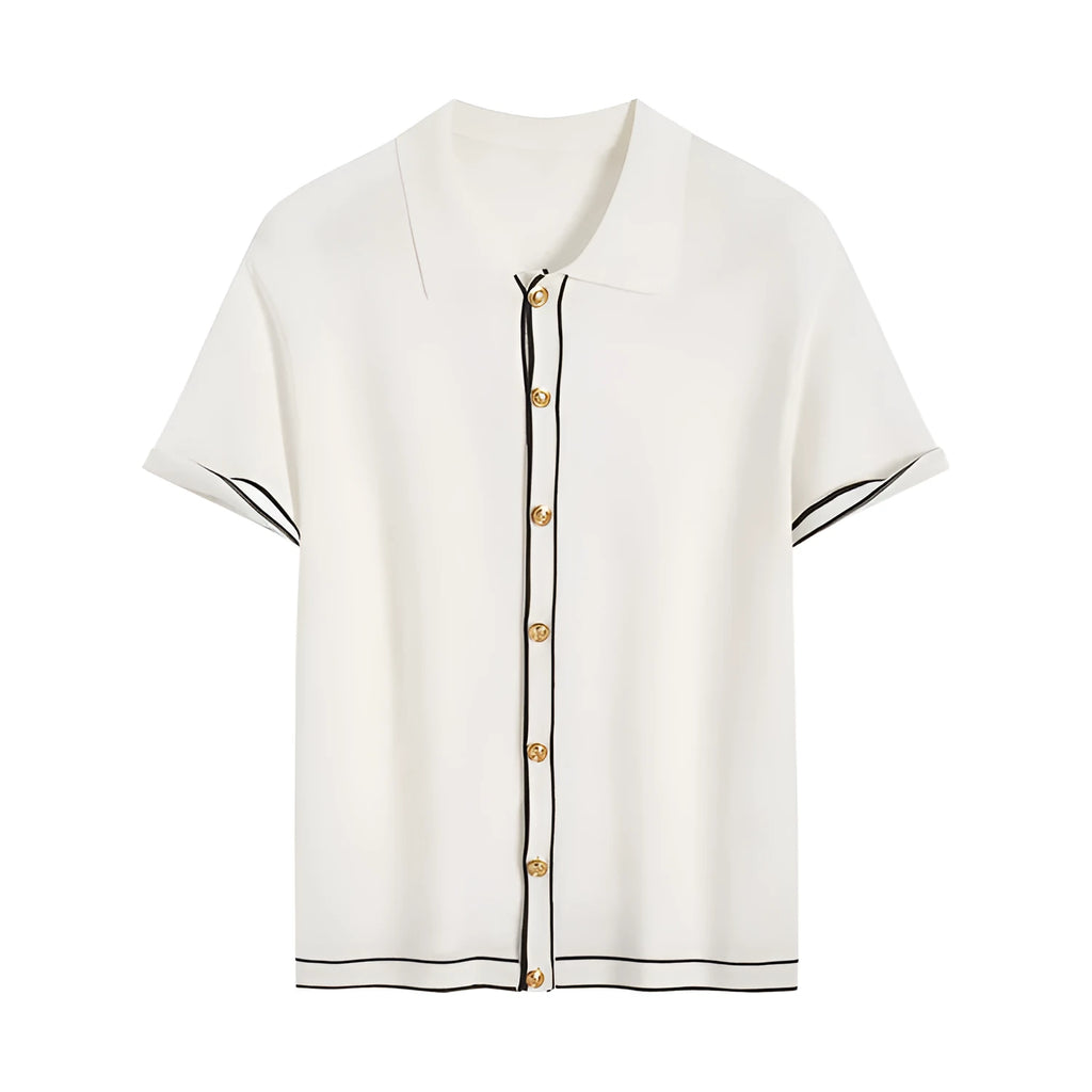 White women's cardigan with dark contrast lapels and short sleeves laid flat