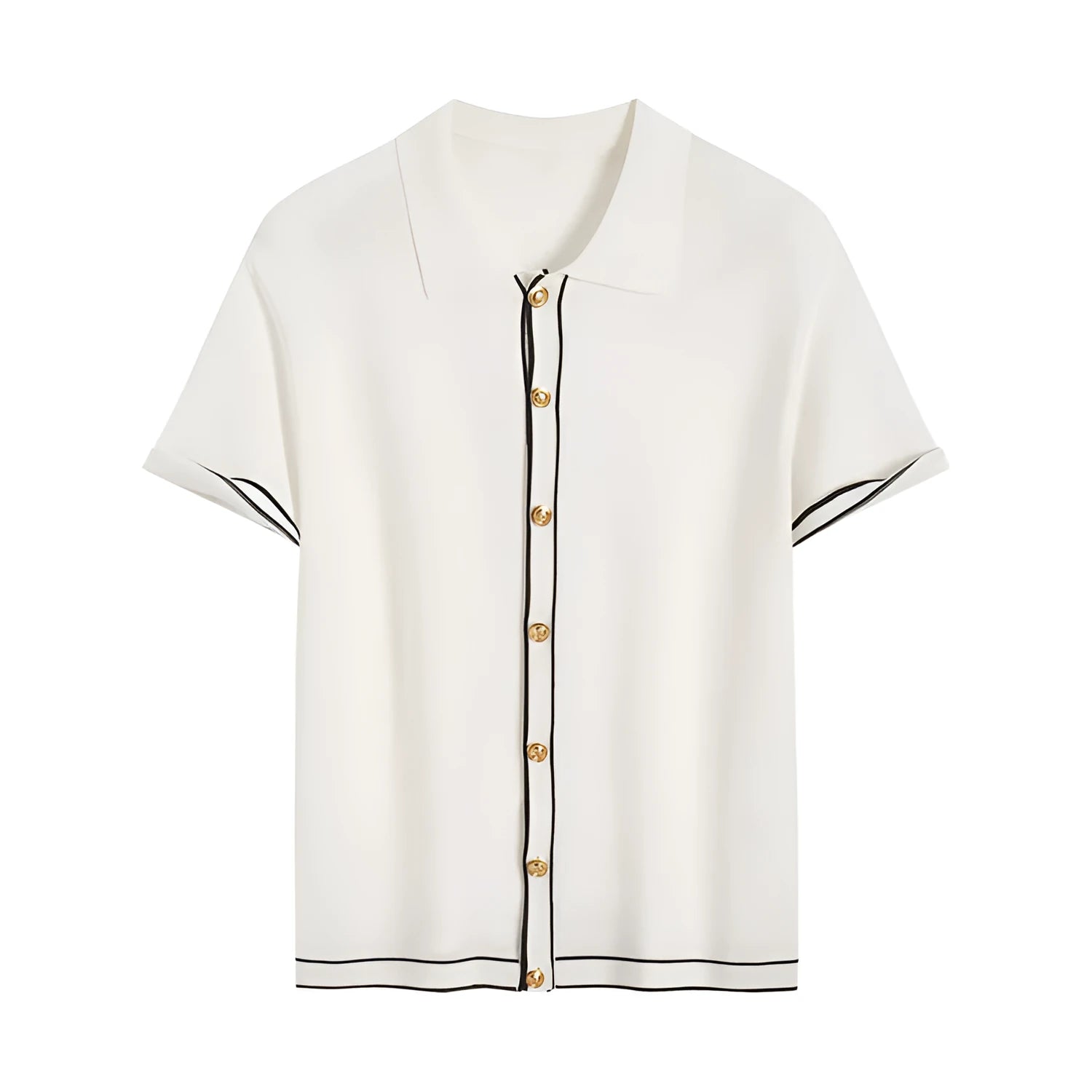 White women's cardigan with dark contrast lapels and short sleeves laid flat