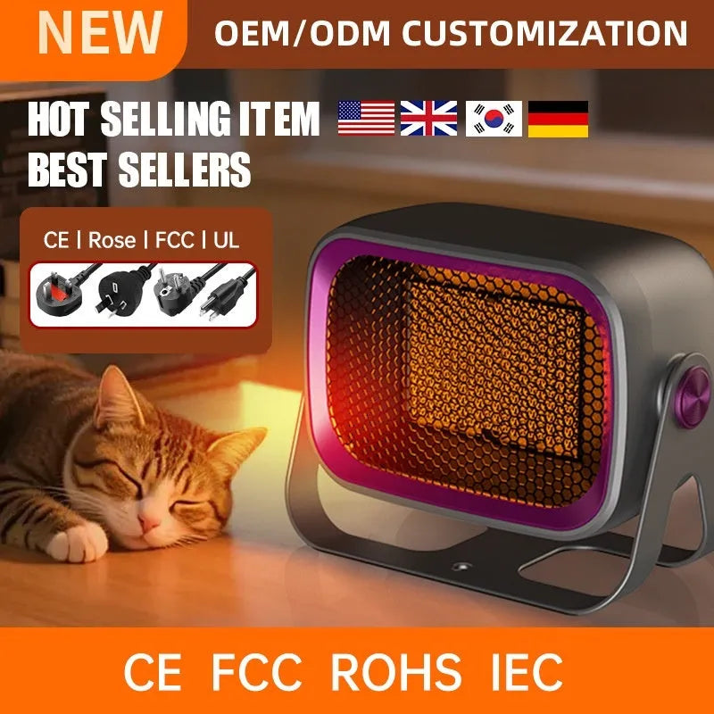 Compact white desktop electric heater with rotatable grill on a wooden table.