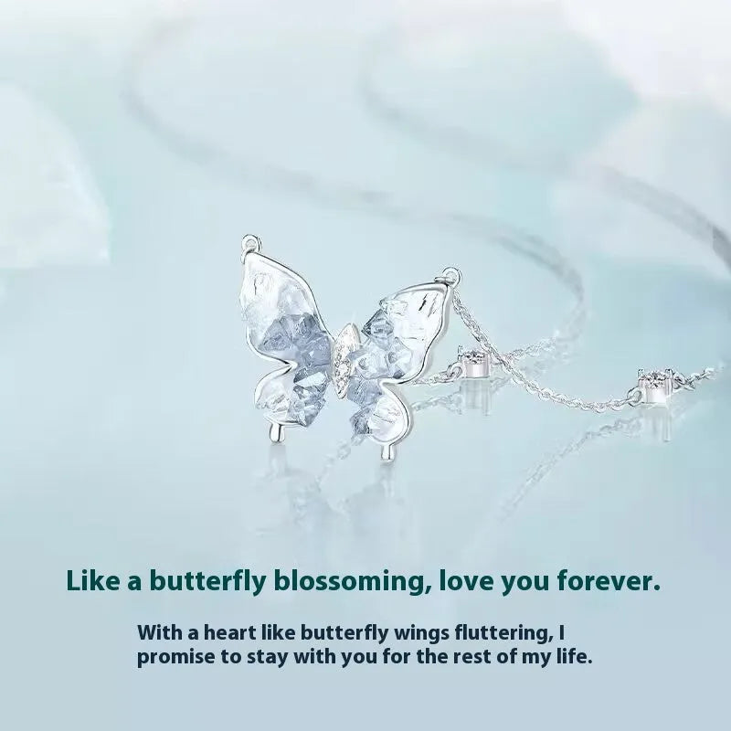 S925 silver butterfly necklace with ice rain design pendant on adjustable O-ring chain