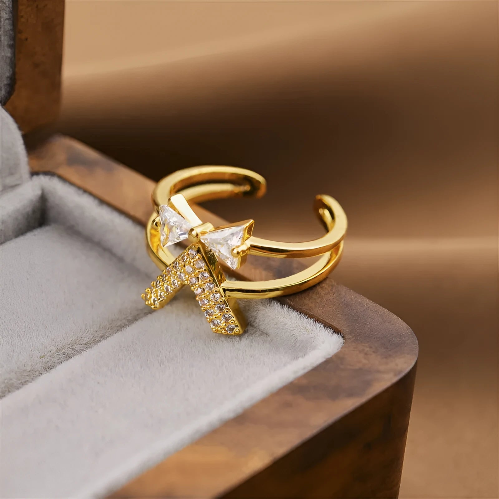 Gold electroplated copper geometric open ring in Korean fashion style, showing adjustable design.