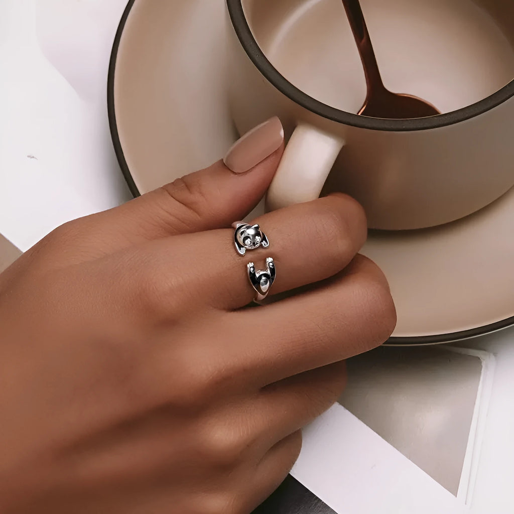 Adjustable sterling silver panda ring bracelet with white gold plating