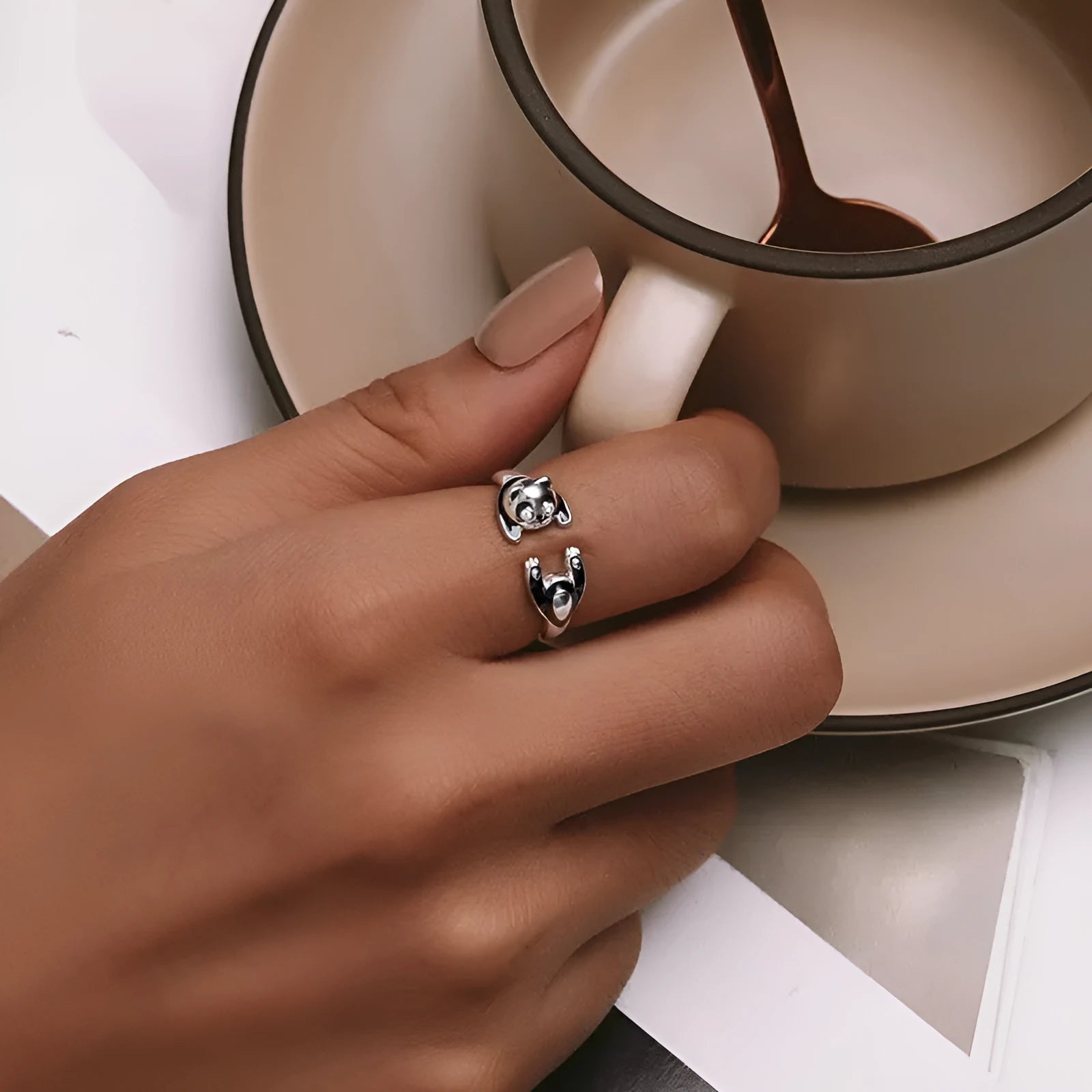 Adjustable sterling silver panda ring bracelet with white gold plating