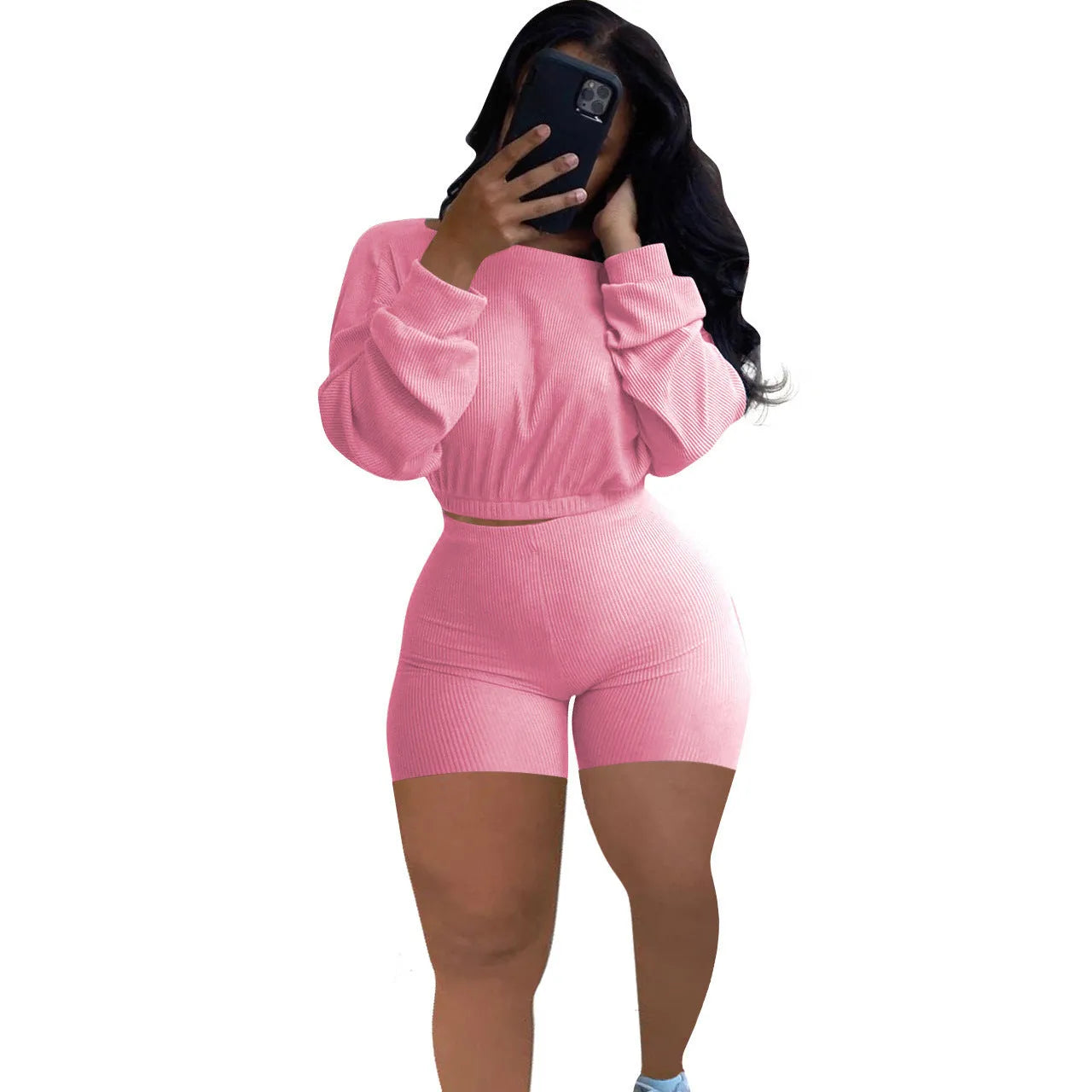 Women's sunken stripe off-the-shoulder long sleeve top with solid colour shorts in a selection of colours
