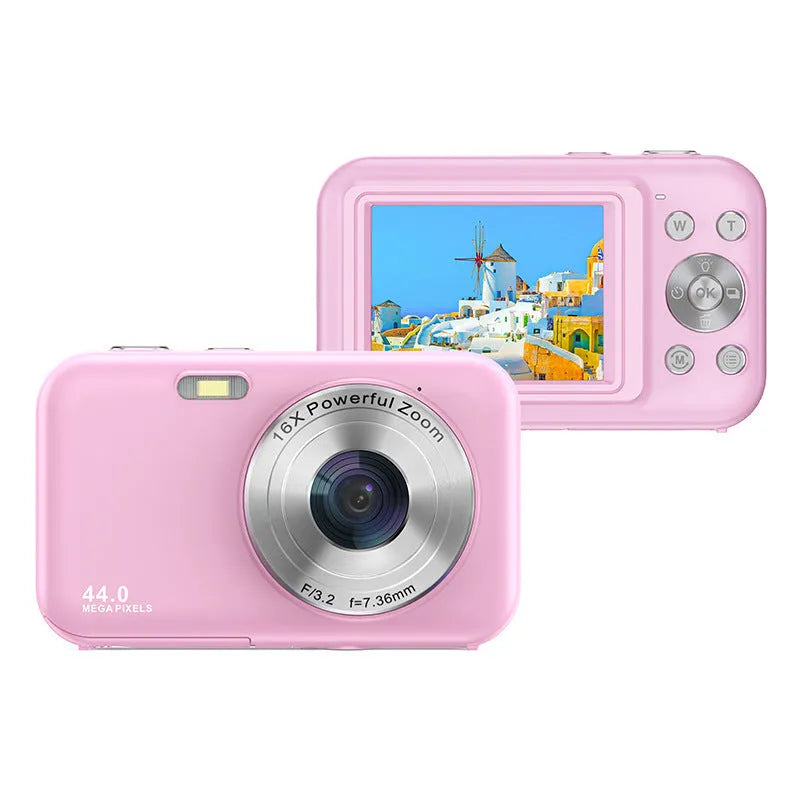DC406L digital camera for kids in purple colour showing its 2.4-inch screen and compact design.