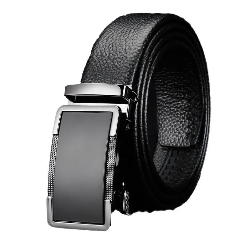 Men's leather automatic buckle belt in gold finish, showing the alloy Comfort Click fastener.