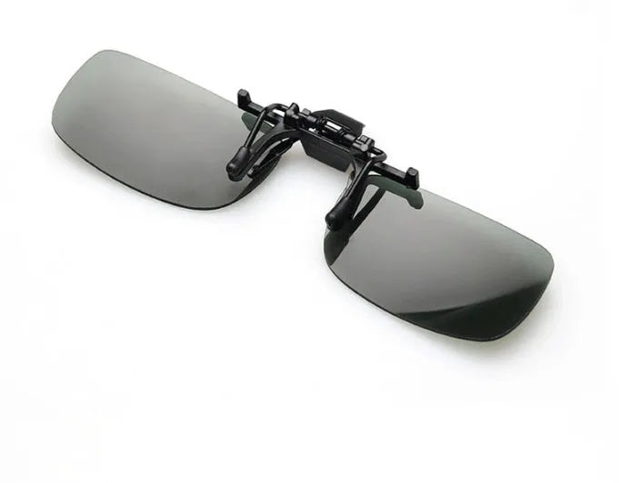 Clip-on driving sunglasses with plastic frame in grey, dark green, and night vision lens options.