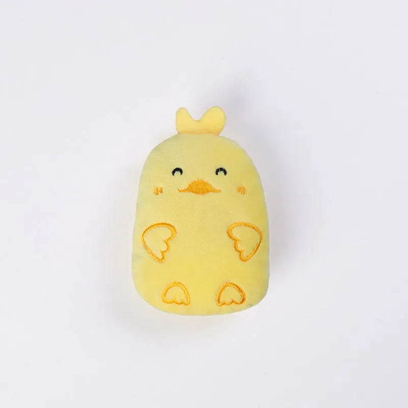 Compact plush catnip toy for teeth grinding and chewing, shown in one of six colour options