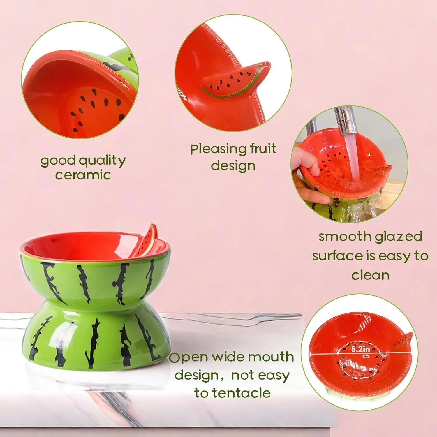 Ceramic raised cat bowl with tilted surface and anti-slip base in orange, pitaya, or watermelon pattern