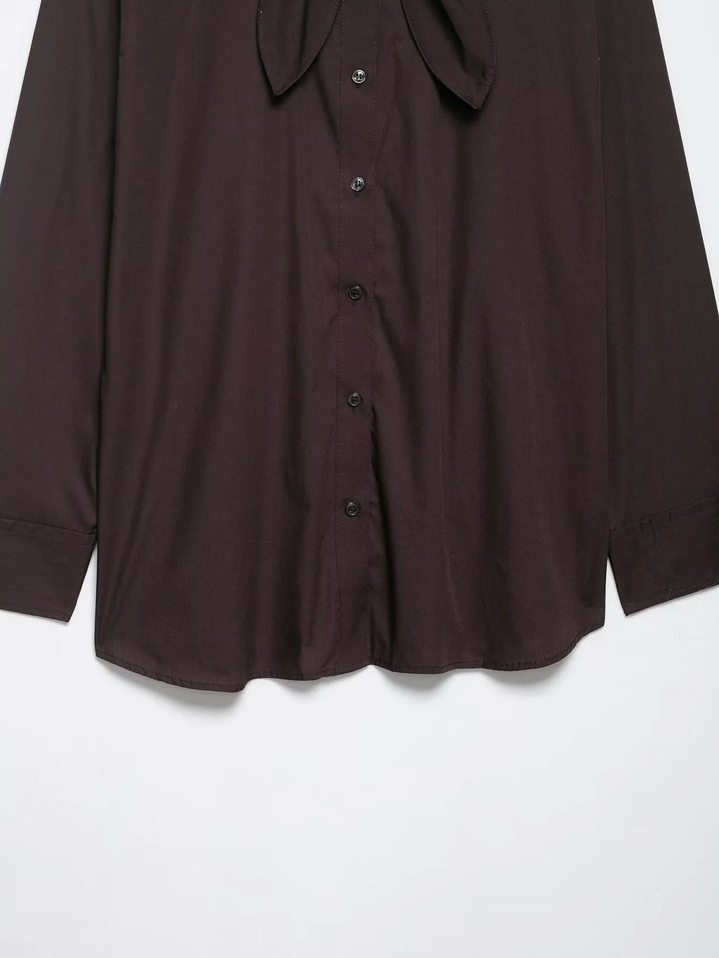Brown women's poplin shirt with bow tie scarf detail and long sleeves