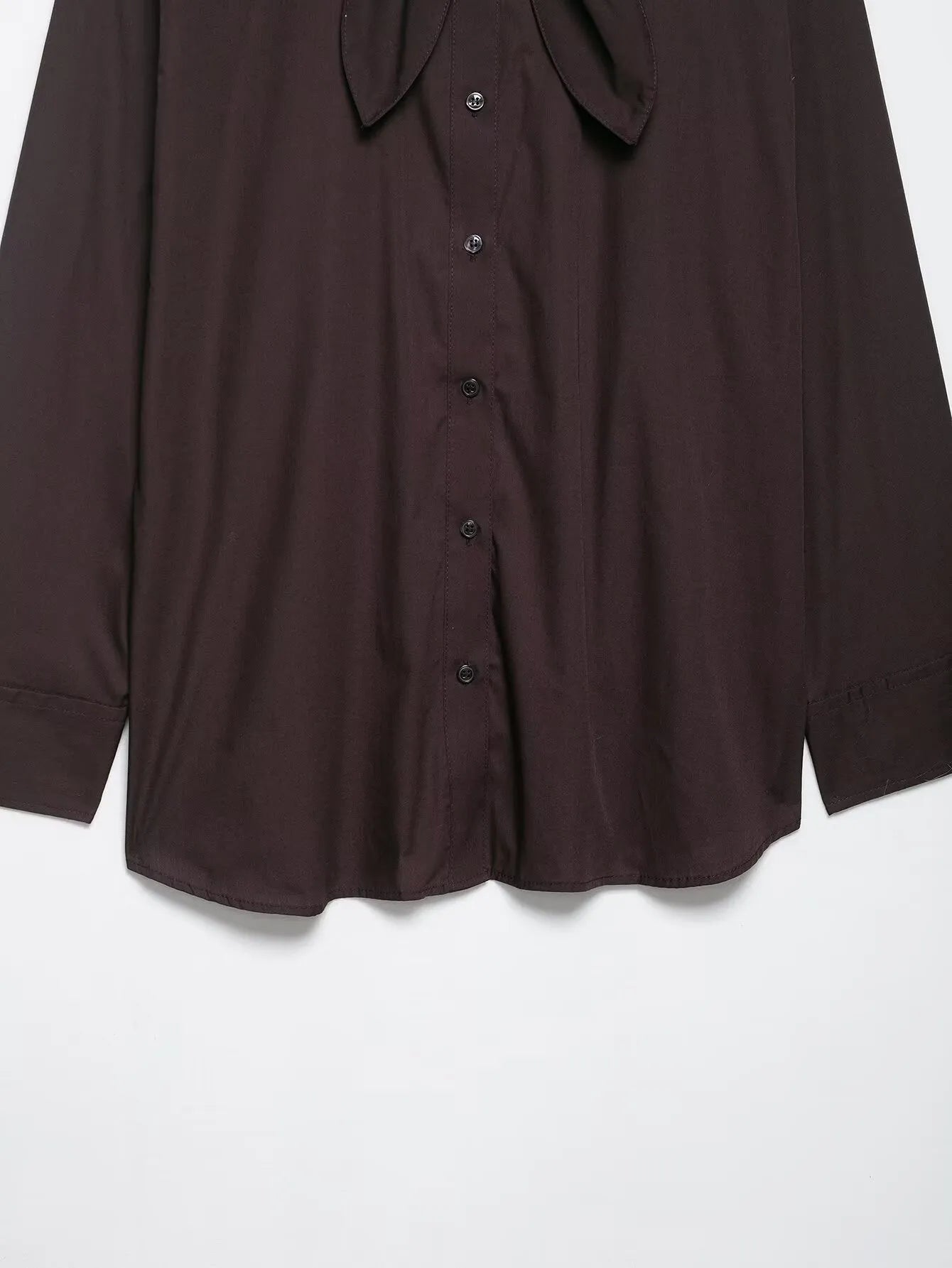 Brown women's poplin shirt with bow tie scarf detail and long sleeves