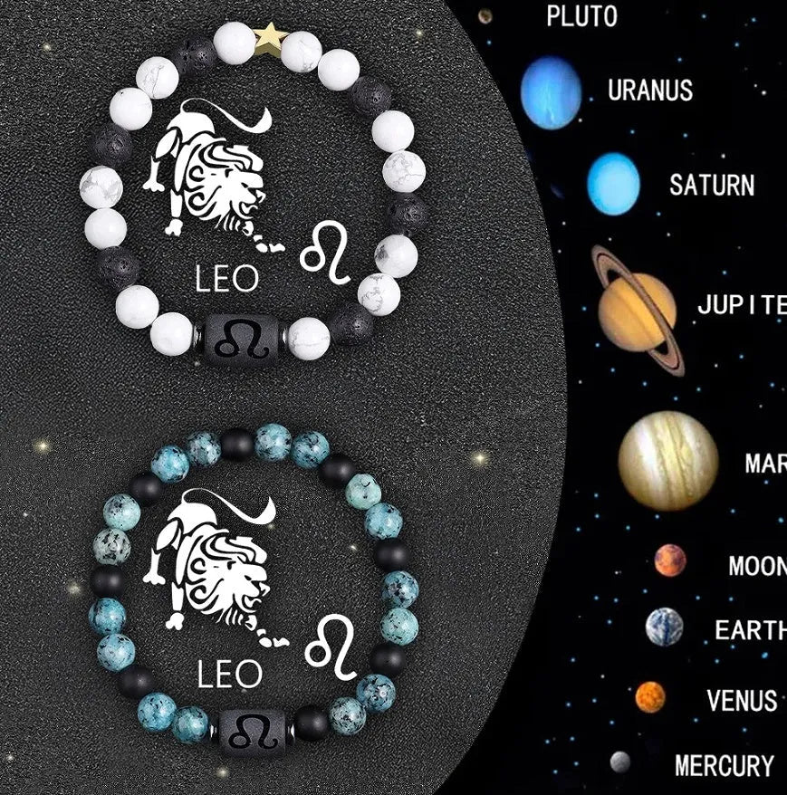 Set of twelve natural stone beaded bracelets, each with a zodiac sign charm, on a white background.