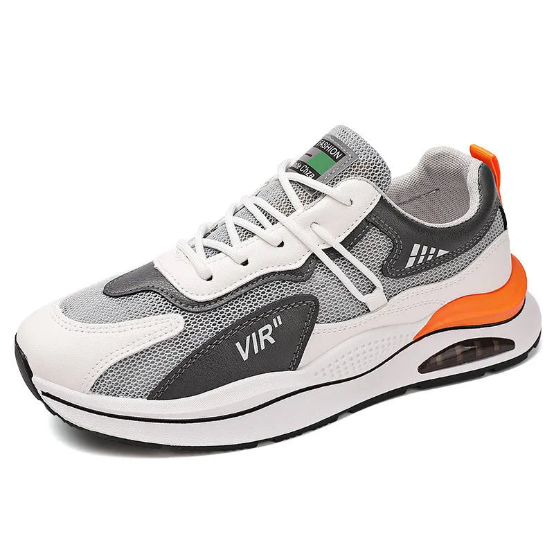 Men's gray breathable mesh running shoes with a round toe and casual sewing thread details on a white background.